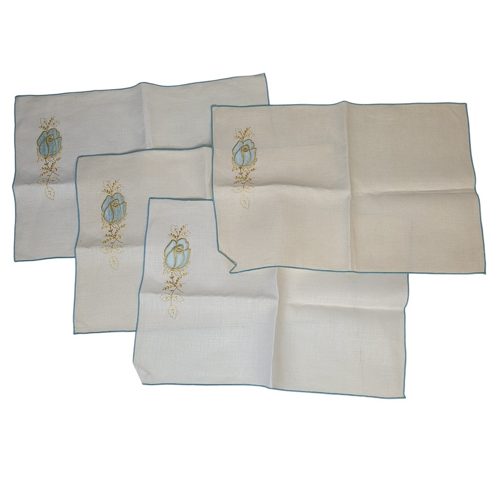 Set of 4 Embroidered Placemats Linen Cloth Napkins Blue Floral Teal Border